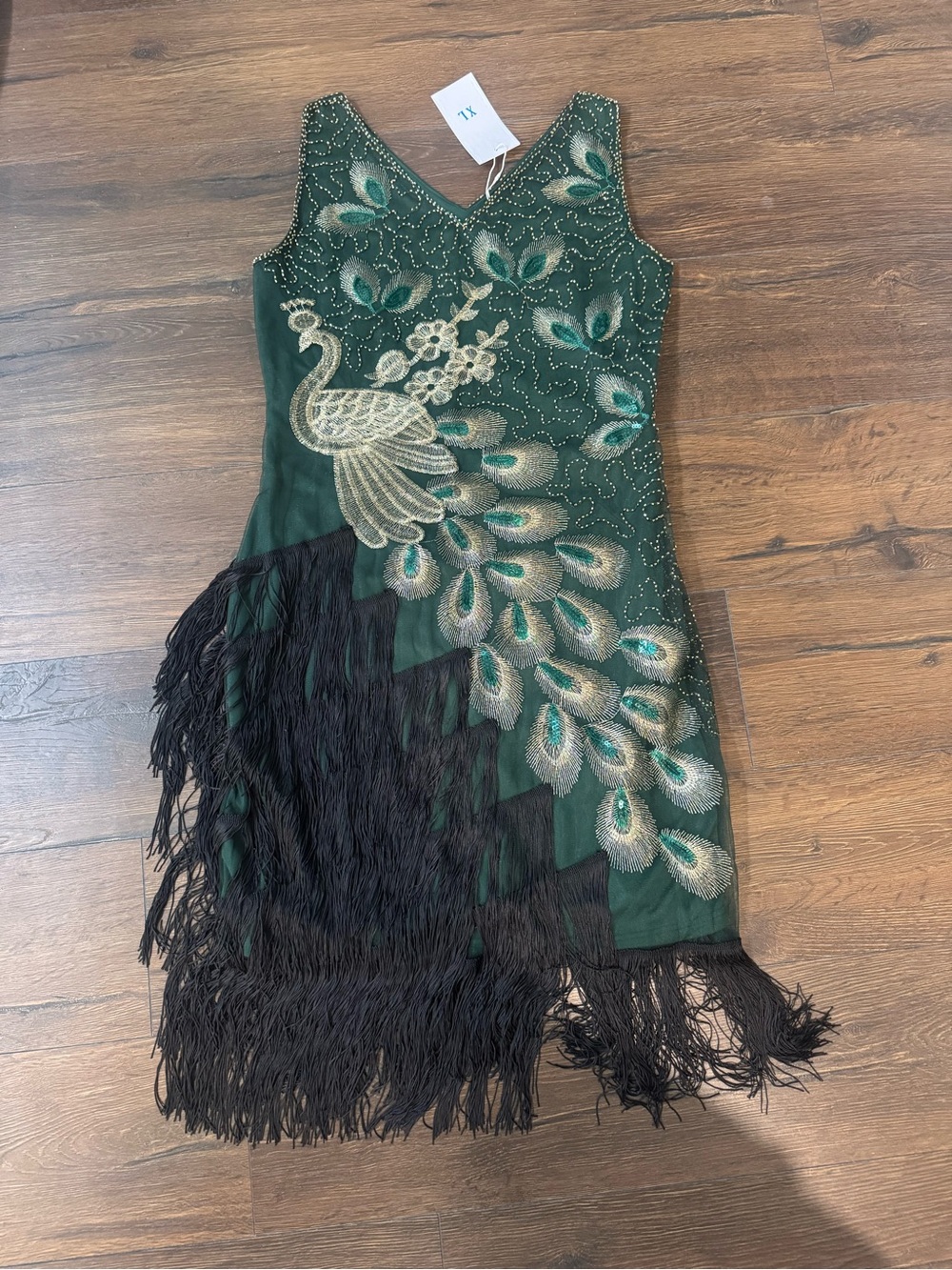 Embellished Emerald Green Midi Dress with Peacock Motif